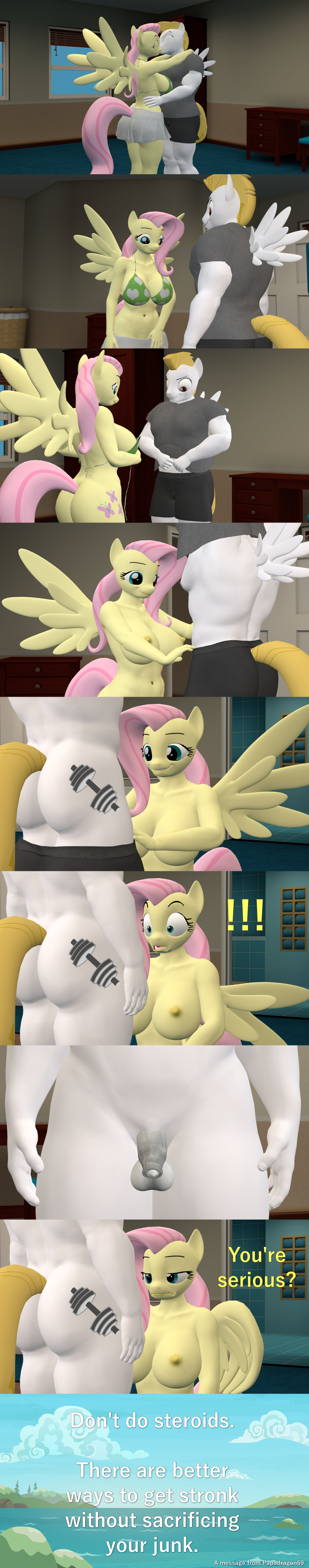 3d_(artwork) absurd_res anthro anthrofied ass balls big_breasts big_butt bottomless bottomwear breasts bulk_biceps_(mlp) clothed clothing comic dialogue digital_media_(artwork) duo english_text equid equine female fluttershy_(mlp) friendship_is_magic genitals hasbro hi_res long_image male male/female mammal muscular muscular_male my_little_pony nipples nude papadragon69 pegasus penis skirt small_penis straight_hair tall_image text undressing wings