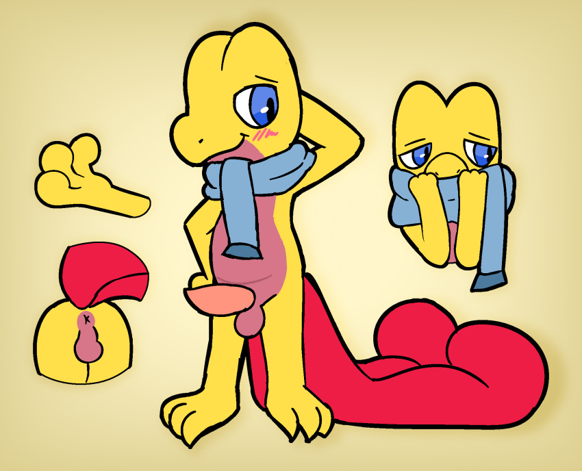 2023 3_fingers 3_toes alternate_color anthro anus balls black_pupils blue_eyes blue_scarf blush blush_lines countershade_scales countershade_torso countershading erection eyebrows fan_character feet fingers generation_3_pokemon genitals glistening glistening_eyes hand_behind_head hi_res long_tail male model_sheet nintendo non-mammal_balls otterjunk penis pokemon pokemon_(species) pupils red_body red_scales scales scalie scarf simple_background solo tail tapering_penis toes treecko yellow_background yellow_body yellow_scales