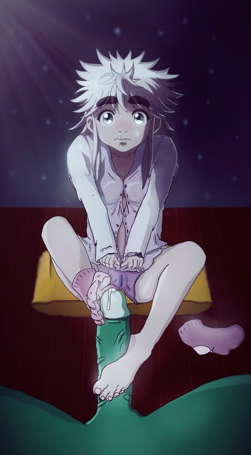 1girls blind blue_eyes cameltoe cum eye_contact female footjob footwear human hunter_x_hunter komugi legs messy_hair pale-skinned_female pale_skin precum see-through shounen_jump snot sockjob socks toejob toes white_hair