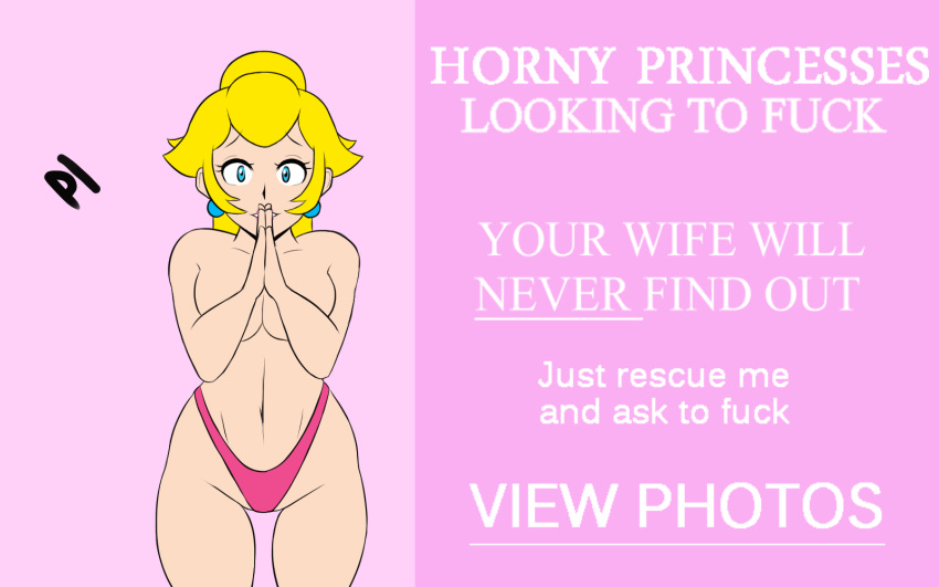 1girls advertisement animated blonde_hair breasts earrings english_text female female_only guguz looking_at_viewer mario_(series) navel nintendo nude panties pink_background pink_lipstick ponytail princess_peach scrabble007 solo solo_female standing text thong tied_hair topless underwear