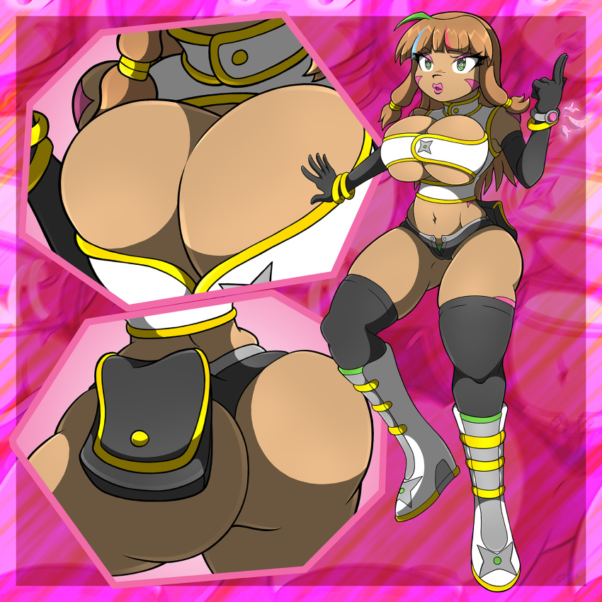 ass_expansion bimbo bimbofication breast_expansion brown_hair dark-skinned_female green_eyes kiroxiii mega_evolution mega_stone multicolored_hair nintendo pokemon rika_dimensional_ninja transformation unusual_pupils