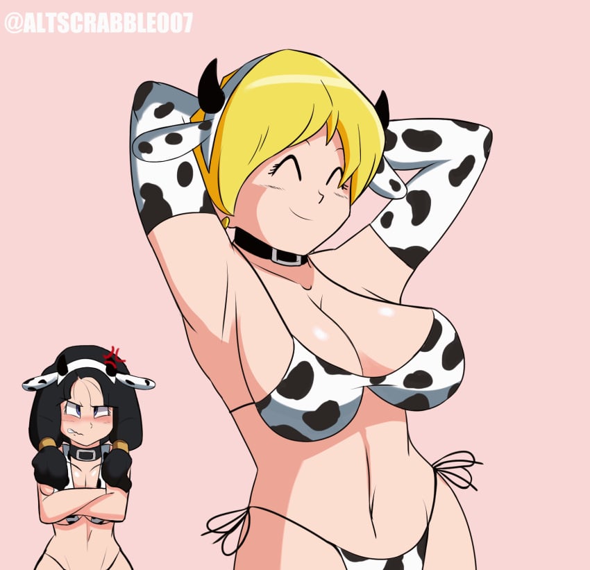 2girls angry animated armpits arms_behind_back arms_behind_head arms_up big_breasts black_hair blonde_hair bouncing_breasts breasts clothing cow_print dragon_ball dragon_ball_z erasa fat_ass female female_only guguz happy jealous multiple_girls scrabble007 short_hair shounen_jump videl