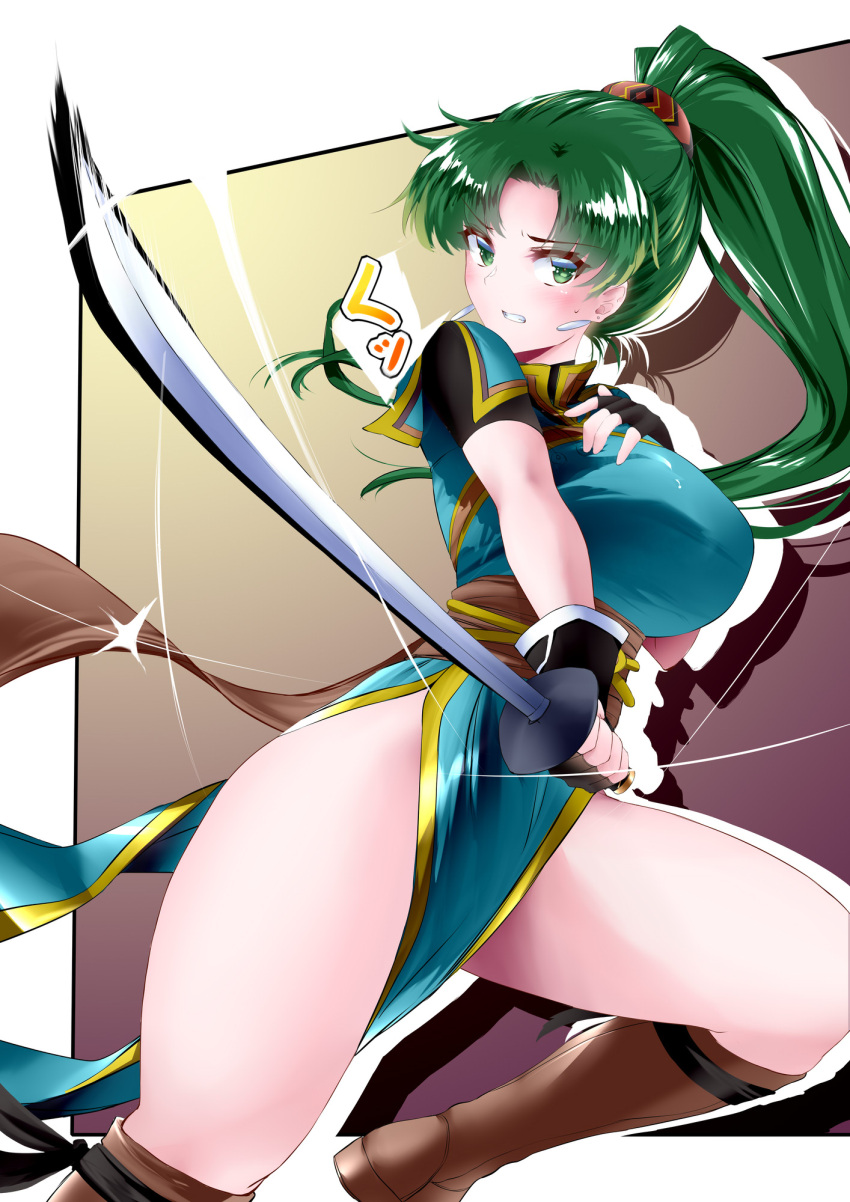 1girls anesaki bare_legs distress earrings fire_emblem fire_emblem:_the_blazing_blade green_eyes green_hair japanese_text large_breasts long_hair looking_at_viewer lyn_(fire_emblem) nintendo pelvic_curtain ponytail solo solo_female sword text translation_request weapon yuanei