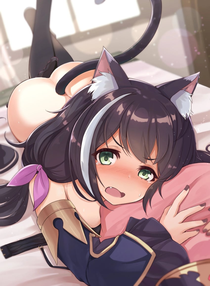 1girls 2022 angry_face ass bangs bare_ass bed bedroom black_and_white_fur black_and_white_hair black_fur black_hair black_thigh_highs black_thigh_socks blush breasts_out cat_ears cat_girl cat_humanoid cat_tail catgirl catgirls clothing digital_media_(artwork) eyebrows_visible_through_hair eyelashes female female_focus female_only green_eyes hair_ornament j_young karyl_(princess_connect!) laying_down laying_on_bed light-skinned_female long_hair looking_at_viewer medium_ass neko on_bed open_mouth painted_nails pillow_grab pink_pillow pov princess_connect! purple_hair_ornament shiny_skin small_breasts small_waist submissive submissive_female sweat sweatdrop sweating tears tears_of_pleasure thick_thighs thigh_high_socks thighhighs tsundere twintails white_ear_fluff white_ear_tips