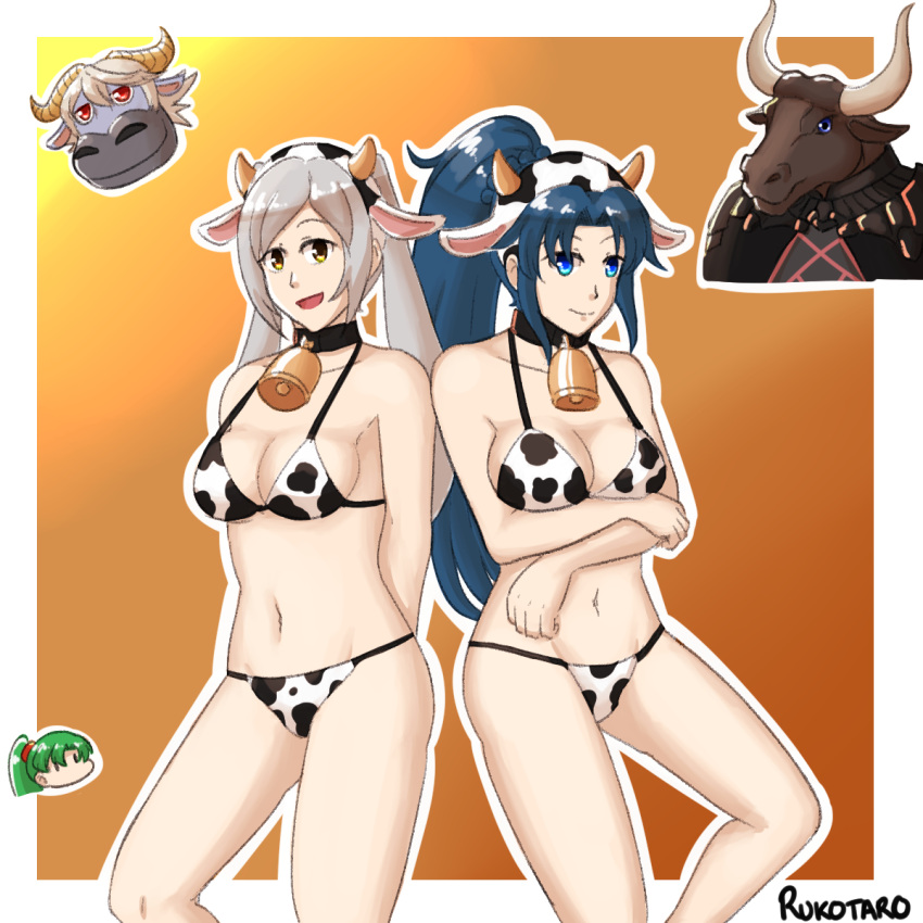 alternate_costume animal_crossing bell blue_eyes blue_hair breasts byleth_(fire_emblem) byleth_(fire_emblem)_(male) cleavage corrin_(fire_emblem) corrin_(male)_(fire_emblem) cow_girl cow_print fire_emblem fire_emblem:_new_mystery_of_the_emblem fire_emblem:_the_blazing_blade fire_emblem:_three_houses fire_emblem_awakening fire_emblem_fates kris_(female)_(fire_emblem) kris_(fire_emblem) large_breasts long_hair looking_at_viewer lyn_(fire_emblem) lyndis_(fire_emblem) navel nintendo ponytail robin_(fire_emblem) robin_(fire_emblem)_(female) rukotaro silver_hair simple_background smile t-bone_(animal_crossing) twintails year_of_the_ox yellow_eyes