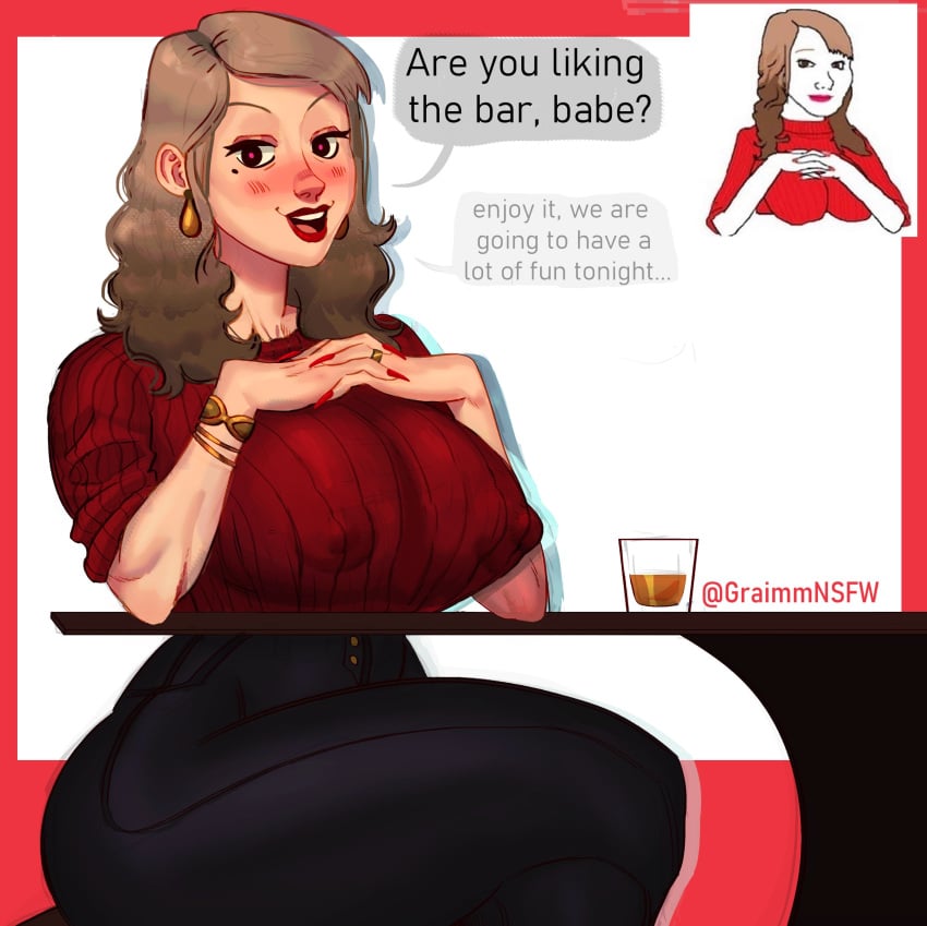 1girls curvy dick_flattening english_text erect_nipples erection_under_clothes glass graimm hands_on_breasts large_breasts lips meme nipple_bulge pants red_sweater sitting skin_tight solo speech_bubble sweater wojak_comics