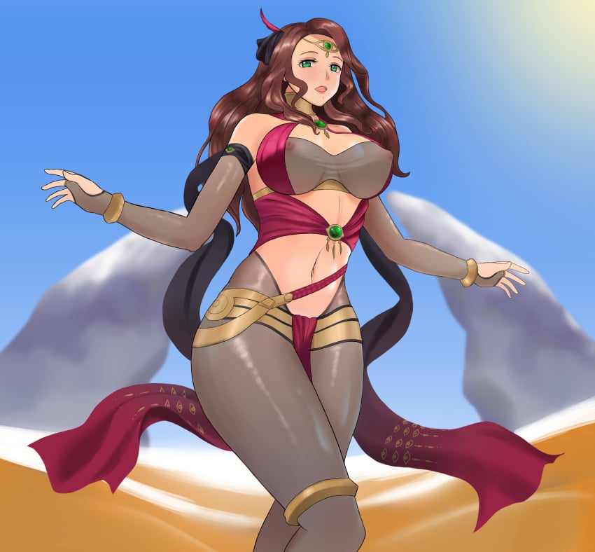 1girls alternate_costume bare_midriff bodystocking brown_hair day desert detached_sleeves dorothea_arnault dorothea_arnault_(plegian) fire_emblem fire_emblem:_three_houses fire_emblem_heroes green_eyes large_breasts looking_at_viewer nintendo nipples no_bra rype see-through solo thick_thighs