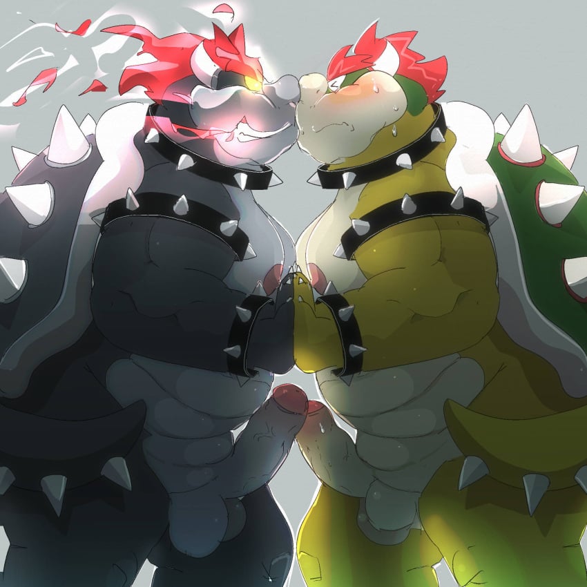 1:1 2021 2boys anthro balls belly black_body blush bowser bowser's_fury closed_eyes dumdum duo erection fury_bowser genitals grey_background hi_res kemono koopa male male/male male_only mario_(series) moobs multiple_boys musclegut nintendo nipples overweight overweight_male penis scalie selfcest simple_background square_crossover standing super_mario_3d_world testicles video_games