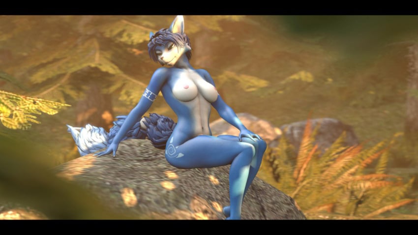 16:9 1girls 2019 3d 3d_(artwork) anthro blue_body blue_fur blue_hair breasts canid canine digital_drawing_(artwork) digital_media_(artwork) female female_only forest fox fur furniture furry green_eyes hair krystal mammal multicolored_body multicolored_fur multicolored_tail nintendo nude plant rock silvarion silvarus sitting solo star_fox tailband tattoo tree video_games white_body white_fur widescreen