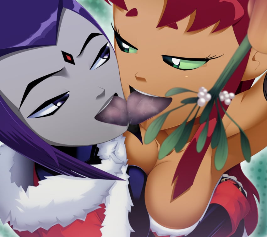 2girls alien alien_girl alternate_breast_size big_breasts breasts cleavage dc dc_comics female female/female female_only kissing large_breasts lesbian mistletoe pressing_breasts_together rachel_roth raven_(dc) ravenravenraven smooth_skin starfire teen_titans tongue_out yuri