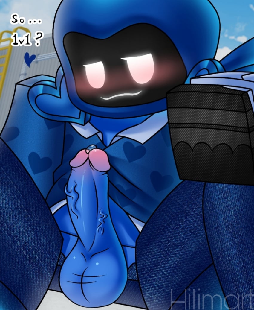 1boy arsenal_(rolve) balls big_balls big_penis black_gloves blocky_body blue_body blue_clothing blue_hood blue_pants blue_penis blue_skin blue_sky blue_sleeves blush blushing boner circumcised collared_shirt cute dialogue dizzy dominus english_text erect erect_penis erection flipaclip gloves heart hearts hilimart hood hood_up huge_cock in-game_background long_sleeves looking_at_viewer male male_only pants penis penis_out precum roblox roblox_game robloxian rolve seeker_of_hearts sitting sleeves smug solo solo_male suit text veiny_penis video_games white_eyes