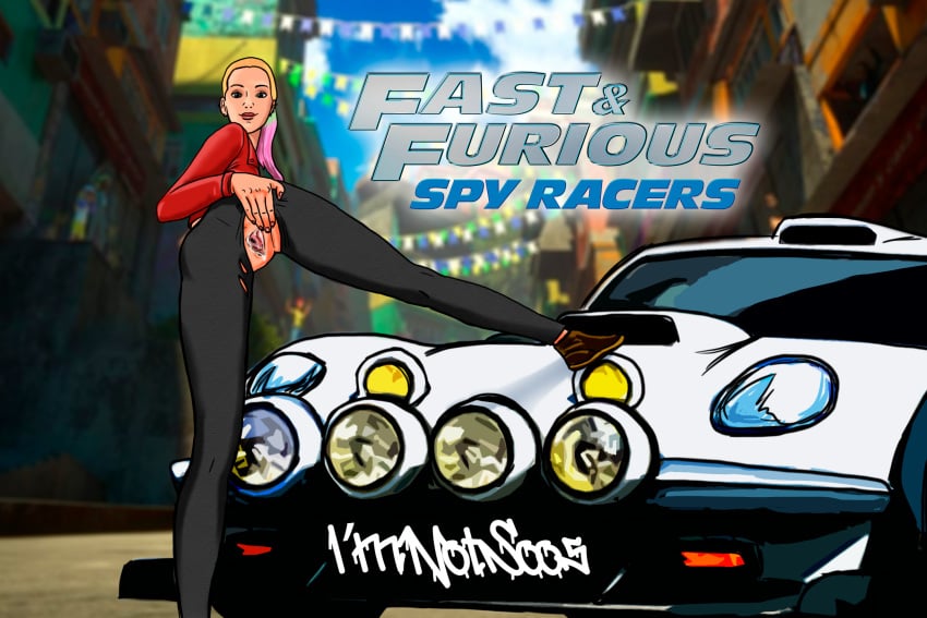 artist_request blonde_hair car dyed_hair fast_and_furious_(franchise) fast_and_furious_spy_racers female_only layla_gray looking_at_viewer looking_back netflix ponytail pussy pussy_juice ripped_clothing spread_legs spread_pussy teen