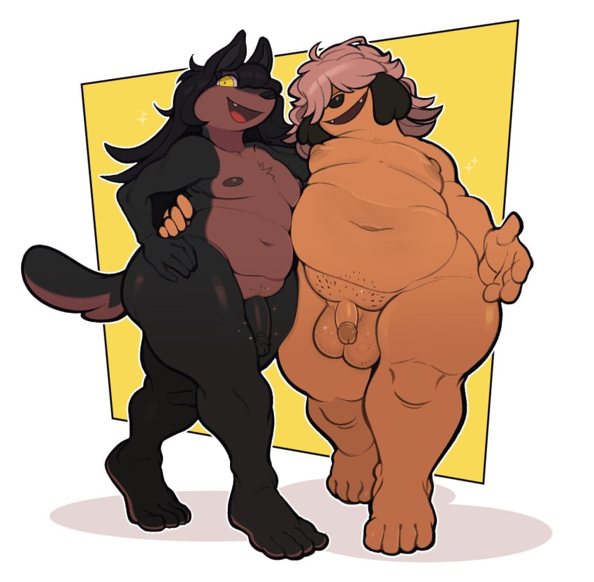 anthro balls belly big_balls big_belly black_body black_nose canid canine canis chubby_male cute_fangs dobermann domestic_dog duo flaccid floppy_ears genitals girly hair hair_over_eyes hand_on_hip herding_dog hi_res long_hair lucas_(sssonic2) male male/male mammal moobs navel nude open_mouth overweight overweight_male pastoral_dog penis pinscher robin_(submarine_screw) sheepdog simple_background slightly_chubby smile sparkles submarine_screw tan_body thick_thighs waist_grab wide_hips