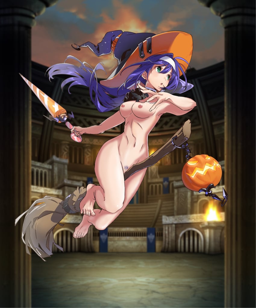 1girls alternate_costume armpits big_breasts broom broom_riding edit female_pubic_hair fire_emblem fire_emblem:_path_of_radiance fire_emblem:_radiant_dawn fire_emblem_heroes green_eyes halloween halloween_costume medium_breasts mia_(fire_emblem) mia_(halloween)_(fire_emblem) naked_hat nintendo nipples nude nude_edit nude_female nude_filter pubic_hair purple_hair samuraijam34 solo solo_female sword weapon witch witch_hat