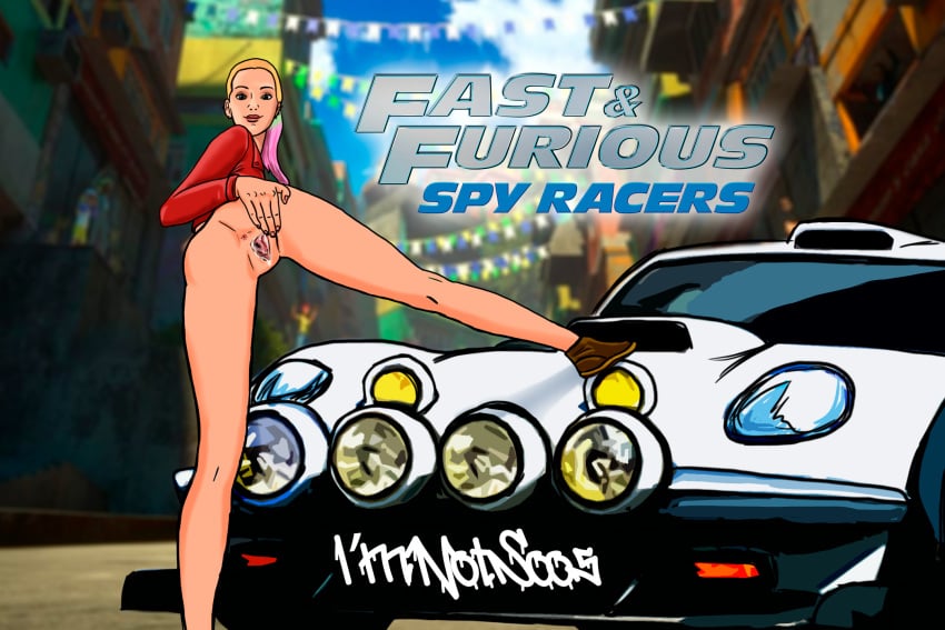 artist_request blonde_hair bottomless car dyed_hair fast_and_furious_(franchise) fast_and_furious_spy_racers female female_focus female_only layla_gray looking_at_viewer looking_back netflix pussy pussy_juice race spread_legs spread_pussy teenager