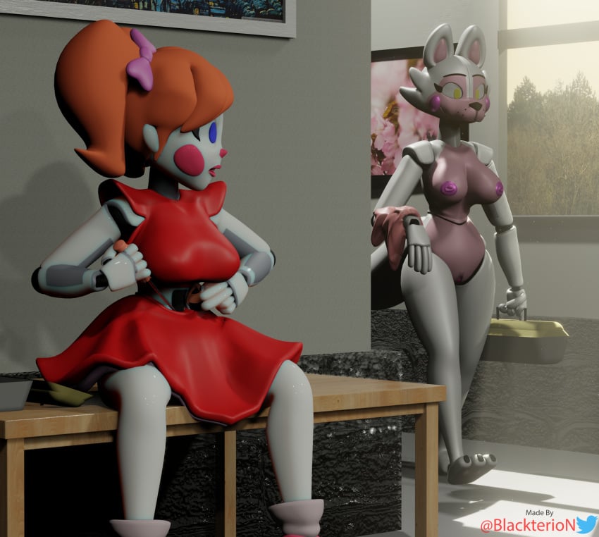 3d baby_(fnafsl) blackterio blender_(software) blue_eyes circus_baby circus_baby_(fnaf) female female_only five_nights_at_freddy's five_nights_at_freddy's:_sister_location fully_clothed funtime_foxy_(fnaf) funtime_foxy_(fnafsl) jailbait_knight orange_hair red_skirt red_topwear sister_location topless white_body