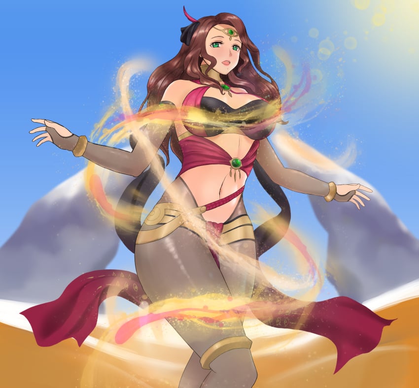 1girls alternate_costume bare_midriff bodystocking brown_hair day desert detached_sleeves dorothea_arnault dorothea_arnault_(plegian) fire_emblem fire_emblem:_three_houses fire_emblem_heroes green_eyes large_breasts looking_at_viewer nintendo rype see-through solo thick_thighs