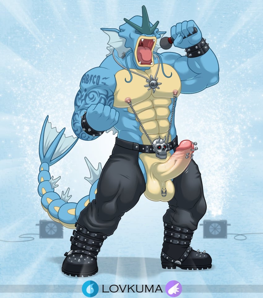 2021 abs anthro anthrofied aquatic_dragon balls belt biceps blue_body blue_scales bone boots bottomwear bracelet chaps closed_eyes clothed clothing crotchless_bottomwear crotchless_clothing crotchless_pants dragon erection facial_hair fin fin_piercing footwear furgonomics furry-specific_piercing genital_piercing genitals gyarados hi_res horn humanoid_genitalia humanoid_penis jewelry leather leather_boots leather_bottomwear leather_clothing leather_footwear leather_pants lighting_bolt long_tail lovkuma male male_only marine metalhead microphone moustache multicolored_body multicolored_scales muscular muscular_anthro muscular_male nintendo nipple_chain nipple_piercing nipples pants penis penis_piercing piercing pokémon_(species) pokémorph pokemon prince_albert_piercing pyrotechnics rock_star rockstar scales scrotum_piercing signature singing skull solo solrock speaker spiked_bracelet spikes spray tail_fin tan_body tan_scales tattoo tattooed_arm text topless triceps two_tone_body two_tone_scales video_games