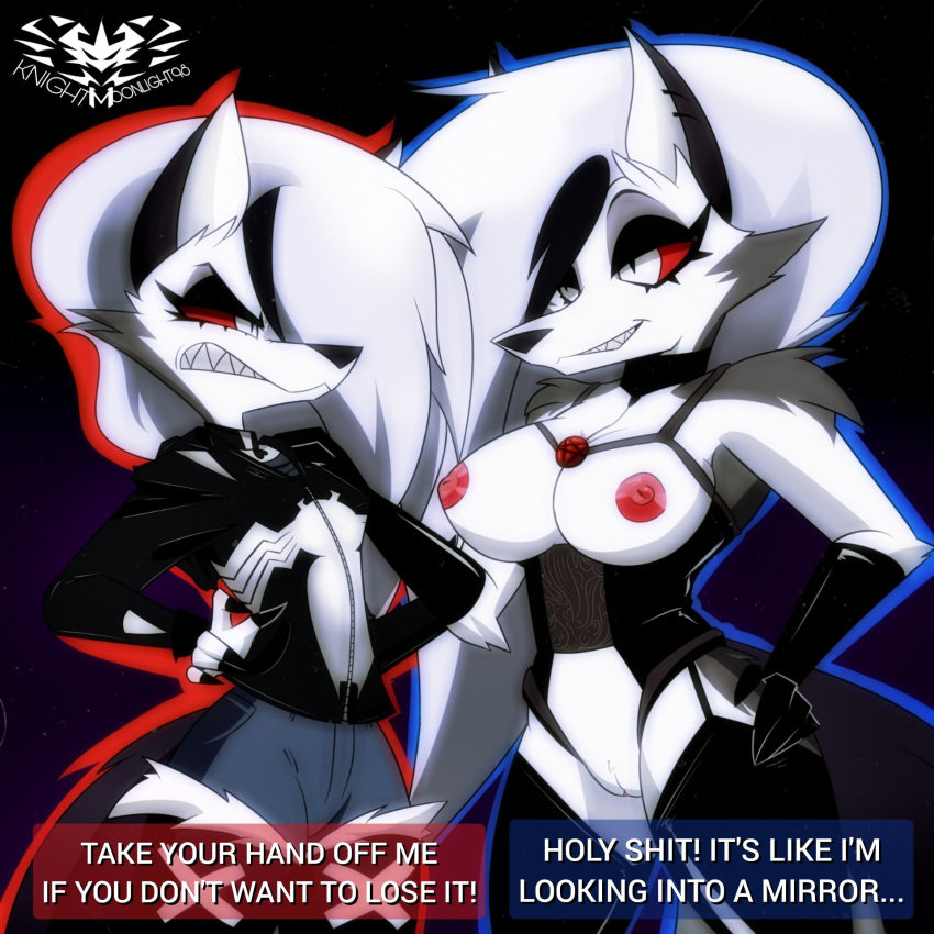 2girls angry anthro black_nose bottomwear breasts canid canid_demon canine clothing crossover demon dialogue duo eyelashes fangs female fur genitals grey_body grey_eyes grey_fur hair hellhound helluva_boss hi_res knightmoonlight98 loona_(helluva_boss) mammal marvel multiple_girls nipples pussy red_sclera speech_bubble spider-man_(series) topwear venom_(cosplay) venom_(marvel) vivienne_medrano white_body white_fur white_hair