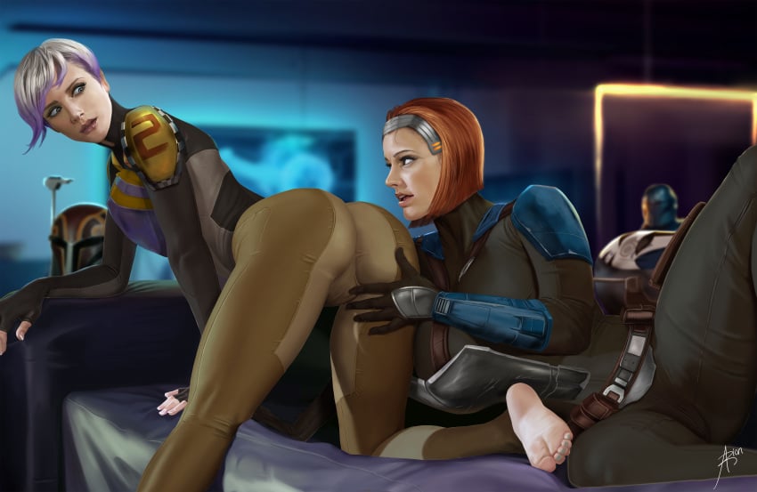 2girls arion69 armor barefoot bo-katan_kryze clothed clothed_female clothing duo feet helmet_removed mandalorian multiple_girls sabine_wren soles star_wars star_wars_rebels tagme yuri