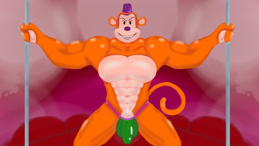 big_bulge big_pecs green_jockstrap kneeling love_bed monkey monkeybone orange_skin shiny_jockstrap shiny_skin smiling_at_viewer two_stripper_poles two_tone_skin