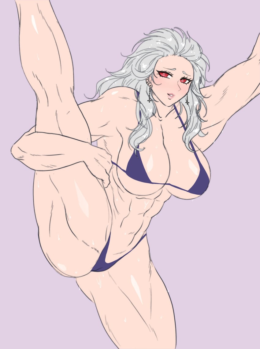 abs bikini dorohedoro elyunae flexible large_breasts leg_lift muscular_female noi_(dorohedoro) stretches stretching thick_thighs