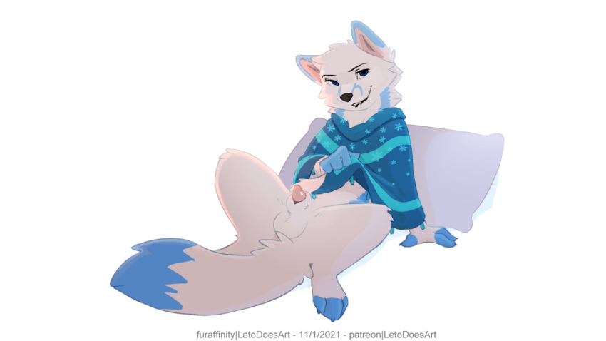 animal_genitalia animal_penis arctic_fox balls blue_eyes bottomless canid canine canine_penis clothed clothing cute fox fur genitals leto_(letodoesart) letodoesart male male_only mammal penis penis_tip poncho sheath solo white_body white_fur