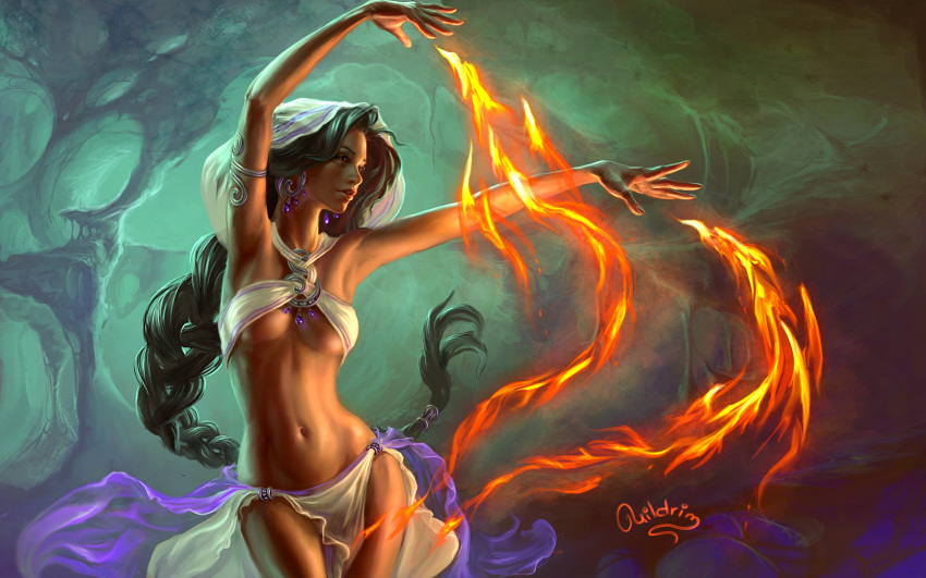 1girls arabian belly belly_dancer belly_dancer_outfit black_hair bocas_top braid crop_top dancer dancer_outfit female fire fire_magic halter_top halterneck harem_girl harem_outfit jewelry large_breasts loincloth magic original_character realistic uildrim underboob veil very_long_hair