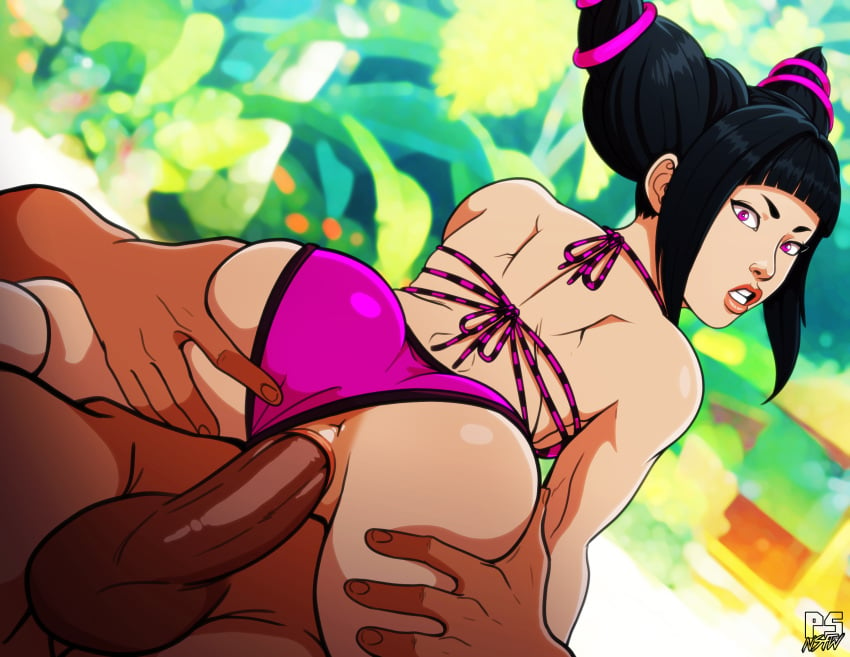 1boy 1girls alternate_costume anus ass ass_grab bangs big_ass bikini bikini_aside black_hair blunt_bangs blurry_background breasts capcom clothed clothed_female_nude_male cowgirl_position dark-skinned_male dark_skin drill_hair duo dutch_angel eyeliner female female_on_top highres huge_balls huge_cock human interracial juri_han looking_back male nude penis pink_bikini pumpkinsinclair sex sideboob sidelocks solo_focus straight street_fighter street_fighter_v thick_thighs tight_fit twin_drills unseen_male_face vaginal_penetration watermark