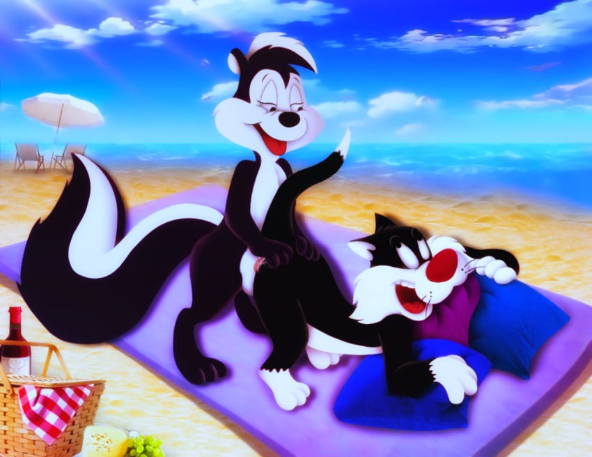 amegared anthro arner_brothers domestic_cat duo felid feline felis feral looney_tunes male male/male mammal mephitid pepe_le_pew skunk smooth_fur sylvester warner_brothers