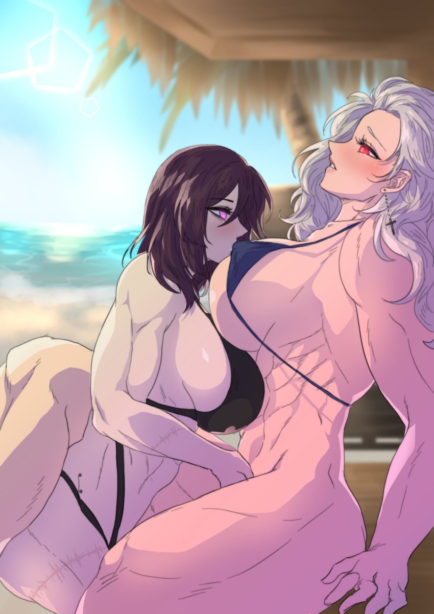 2girls abs breast_sucking dorohedoro elyunae female_only fingering multiple_girls muscular muscular_female noi_(dorohedoro) purple_eyes red_eyes small_dom_big_sub white_hair yuri