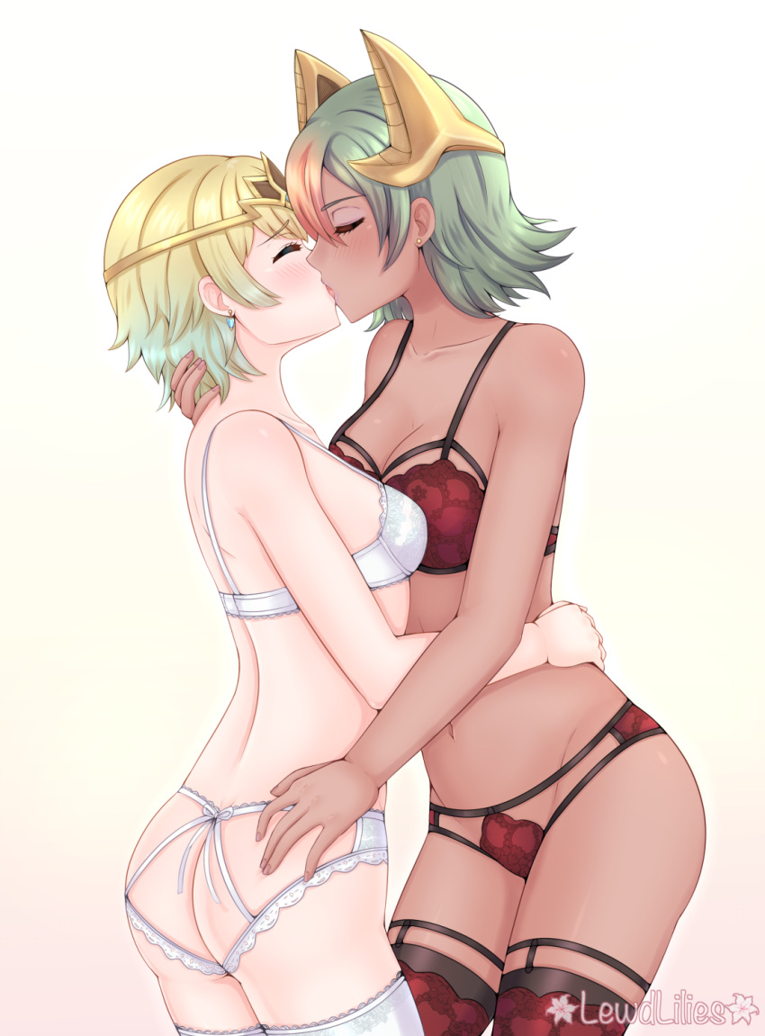 2girls ass backless_panties bare_back beige_background blonde_hair blush collarbone dark-skinned_female dark_skin earrings female/female female_only fire_emblem fire_emblem_heroes fjorm_(fire_emblem) gradient_background gradient_hair green_hair groin hug interracial interracial_yuri kissing laegjarn_(fire_emblem) lesbians lewdlilies lingerie multicolored_hair neck_grab nintendo short_blonde_hair short_green_hair short_hair simple_background taller_girl thighhighs white_lingerie yuri