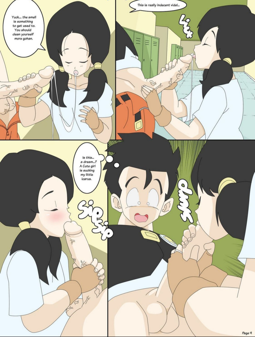 1boy 1girls big_penis black_hair blowjob blue_eyes blush botbot closed_eyes clothed comic dragon_ball dragon_ball_z english_text fellatio female humor licking_penis male page_9 penis precum precum_drip precum_string son_gohan straight text twintails videl wide_eyed