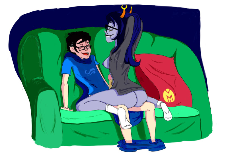 big_ass big_breasts biting_lip boner glasses grey_skin homestuck horns john_egbert looking_pleasured nostngen partially_clothed sitting smiling troll vriska_serket white_skin