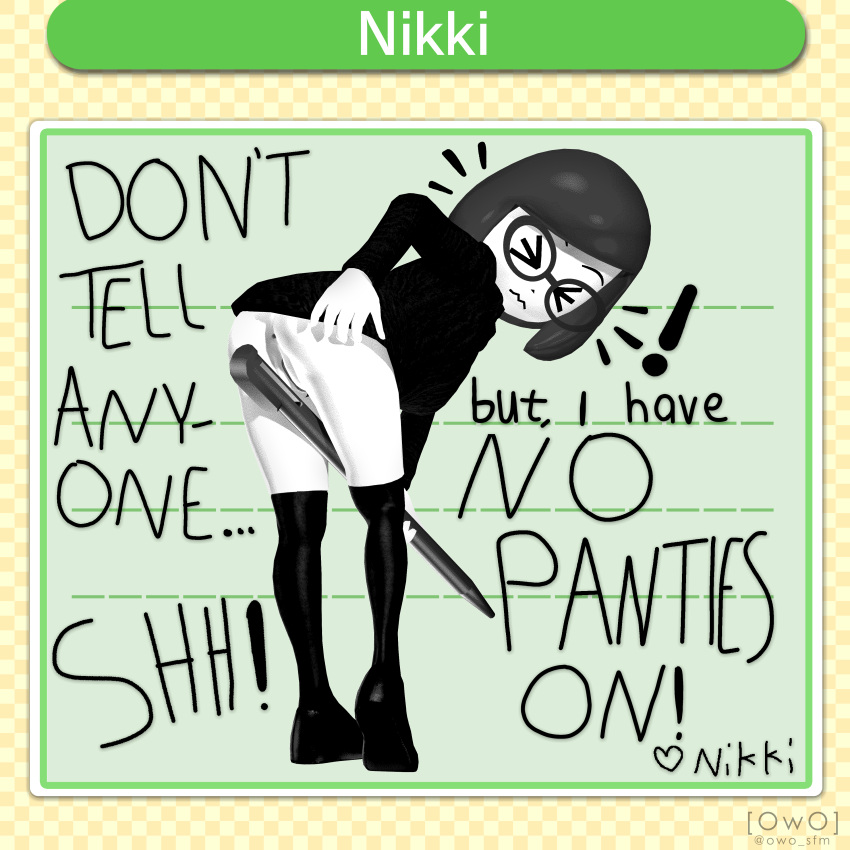 >_< absurdres anus ass bent_over black_legwear bob_cut closed_eyes clothing commentary english_text female from_behind glasses highres mii monochrome nikki_(swapnote) nintendo no_panties owo_sfm pussy short_hair solo standing stylus swapnote sweater twitter_username uncensored watermark