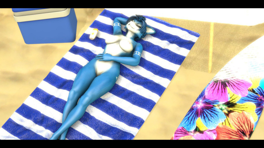 16:9 2019 3d 3d_(artwork) anthro beach beach_towel beach_umbrella blue_body blue_fur blue_hair breasts canid canine closed_eyes digital_drawing_(artwork) digital_media_(artwork) female fox fur furniture hair krystal lying mammal multicolored_body multicolored_fur nintendo nude nude_beach on_back sand seaside silvarion silvarus solo star_fox surfboard tattoo vehicle video_games watercraft white_body white_fur widescreen