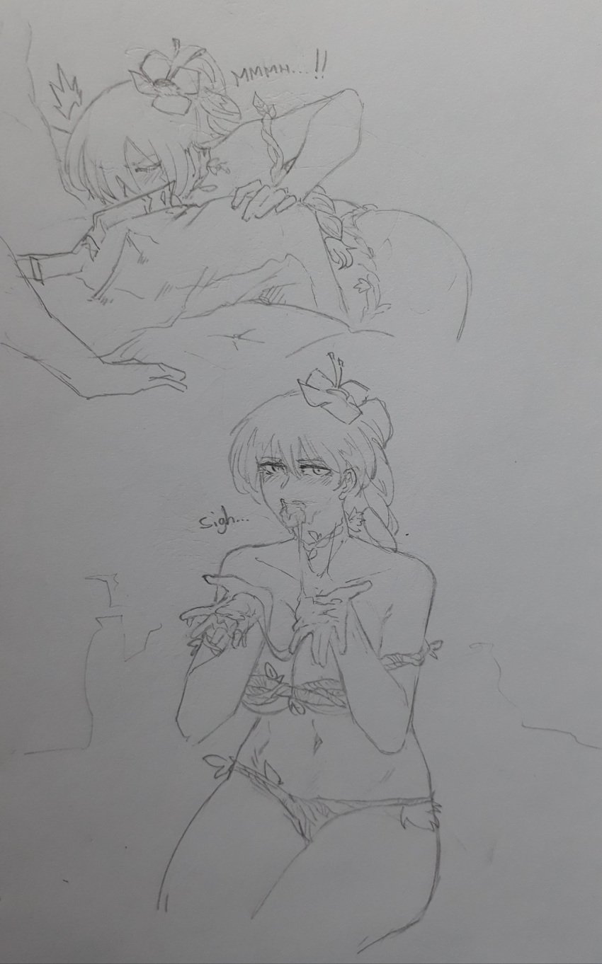 1boy 1girls blowjob cum cum_drip cum_in_mouth cum_on_hand cum_on_hands dryad_(terraria) fellatio flower flower_in_hair monster_girl onomatopoeia penis player_(terraria) sigh sitting sketch smugigante terraria text