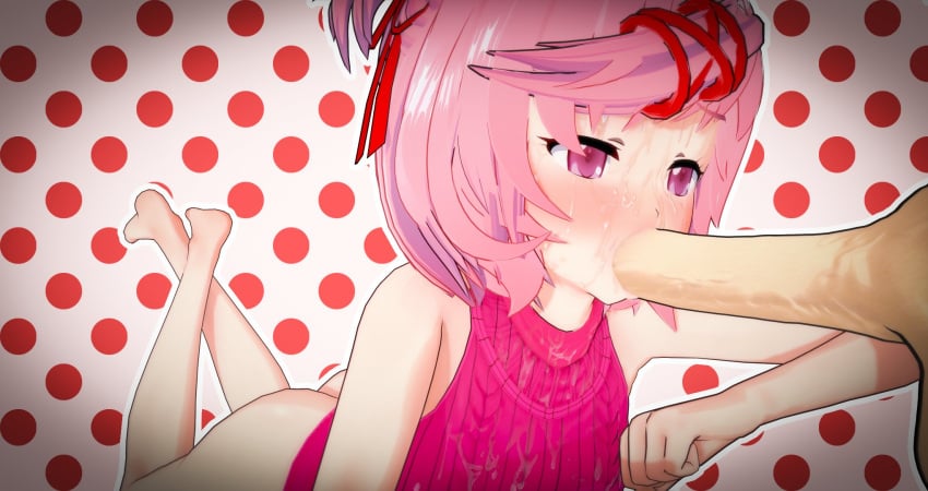 1boy 1girls 3d ass clothed_female_nude_male cometz cum cum_on_face doki_doki_literature_club fellatio koikatsu legs_up natsuki_(doki_doki_literature_club) on_stomach oral pink_hair short_hair virgin_killer_sweater