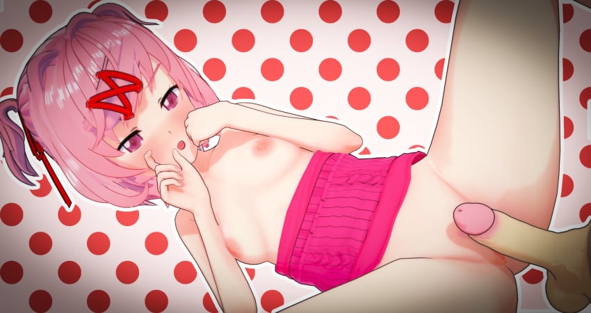 1boy 1girls 3d blush cometz doki_doki_literature_club imminent_sex koikatsu natsuki_(doki_doki_literature_club) pink_hair short_hair spread_legs virgin_killer_sweater