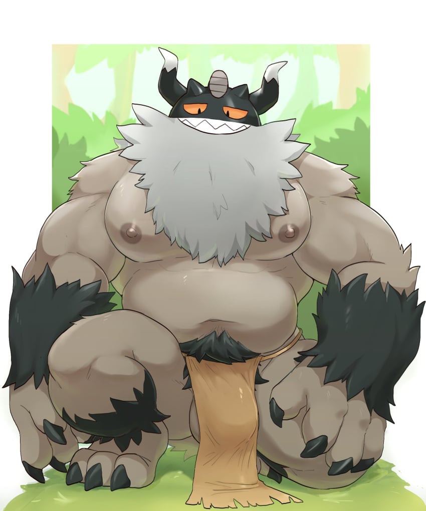 2021 absurd_res anthro balls belly bottomwear bulge clothing genitals hi_res horn humanoid_hands loincloth male male_only moobs musclegut navel nintendo nipples o-ro outside overweight overweight_anthro overweight_male perrserker pokémon_(species) pokemon solo solo_focus solo_male video_games