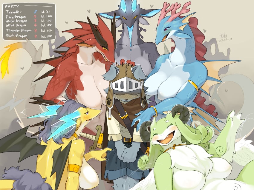 1boy 5girls anthro armlet blue_scales blush brown_fur canine clothing countershading dark_dragon_(kame_3) dragon dragon_horns dragon_wings embarrassed english_text fire_dragon_(kame_3) green_fur green_hair grey_hair grey_scales harassment helmet horns i_was_banished_from_the_party_and_became_the_leader_of_the_strongest_female_dragon_party! kame_3 multiple_girls no_nipples red_scales scales scalie smaller_male smile tail taller_girl text_box thunder_dragon_(kame_3) tongue_out traveller_(kame_3) very_high_resolution water_dragon_(kame_3) wind_dragon_(kame_3) wings yellow_scales