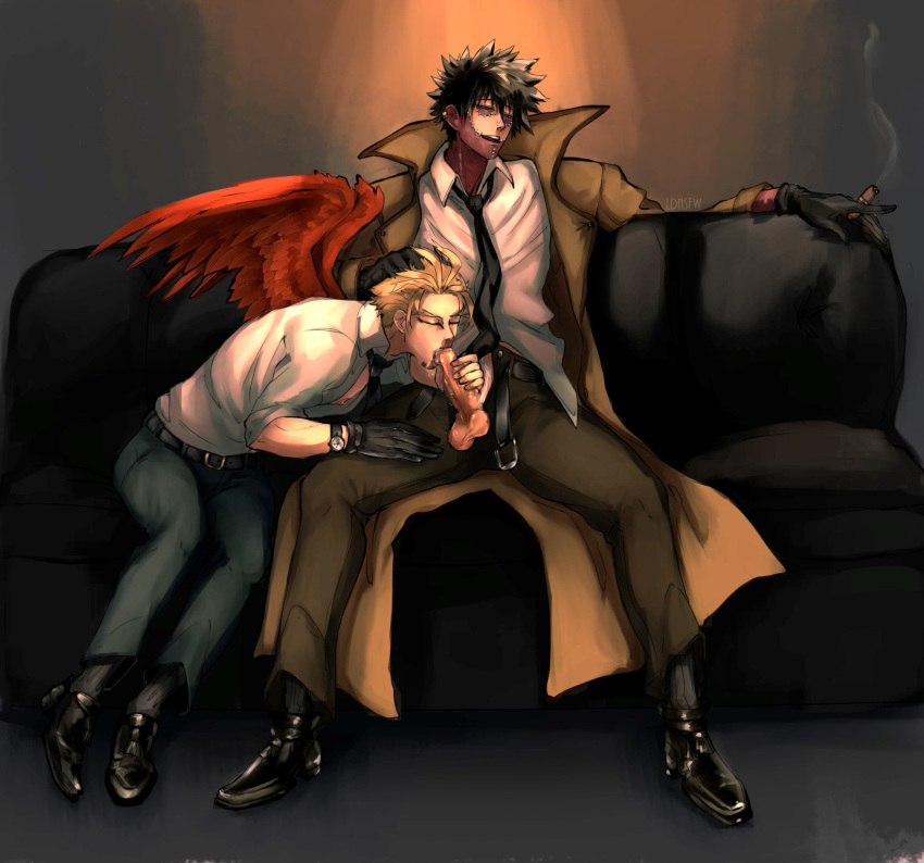 2boys balls belt_unbuckled black_hair blonde_hair blowjob boku_no_hero_academia burn_scar cigarette closed_eyes clothed clothing coat couch dabi detective feathered_wings feathers gay gloves hair_pull hand_on_hair hand_on_head hand_on_penis hawks_(my_hero_academia) head_grab keigo_takami ldnsfw male male/male my_hero_academia oral oral_sex penis penis_in_mouth penis_out scar scars takami_keigo tie todoroki_touya touya_todoroki white_pubes white_pubic_hair wings