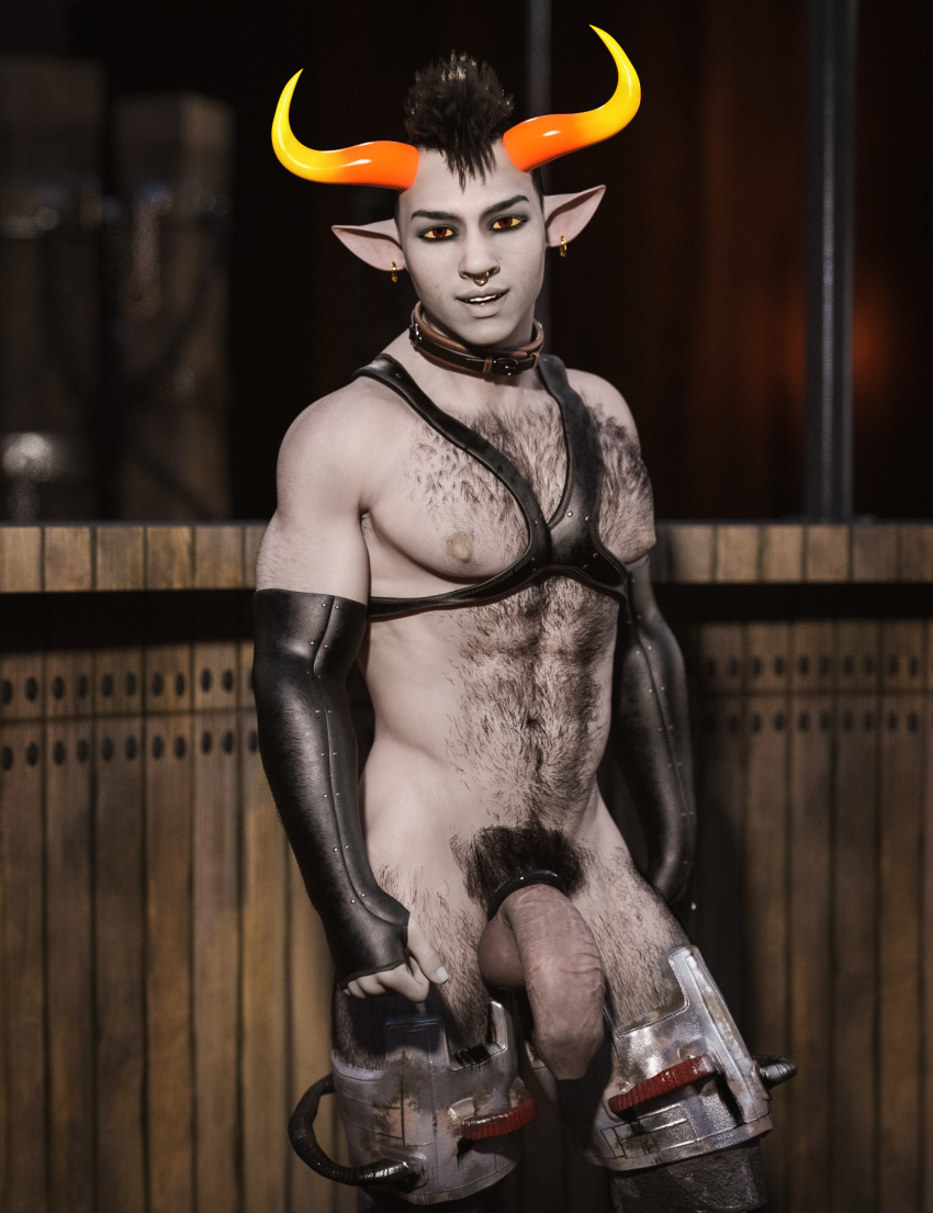 1boy 3d 3d_(artwork) bdsm_outfit big_penis black_hair body_hair brown_eyes cock_ring collar cow_ears ear_piercing fingerless_gloves flaccid grey_skin hairy_chest homestuck hopefulsquire horns looking_at_viewer male_only mechanical_legs ms_paint_adventures nipples open_mouth penis pointy_ears pubic_hair robotic_legs septum_piercing short_hair solo solo_male tavros_nitram troll