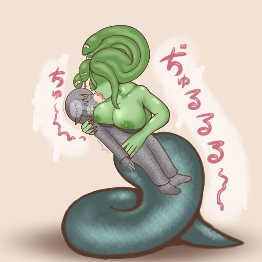 0611_shokun 1:1 apode big_breasts blush bodily_fluids breasts clothed clothing draconcopode drooling european_mythology female glowing glowing_eyes greek_mythology hi_res human humanoid i,_medusa japanese_text kissing lamia legless living_hair male mammal medusa medusa_(miitopia) miitopia multi_eye mythology naga petrification pseudo_hair reptile saliva scalie serpentine snake snake_hair split_form text topless topless_female translation_request