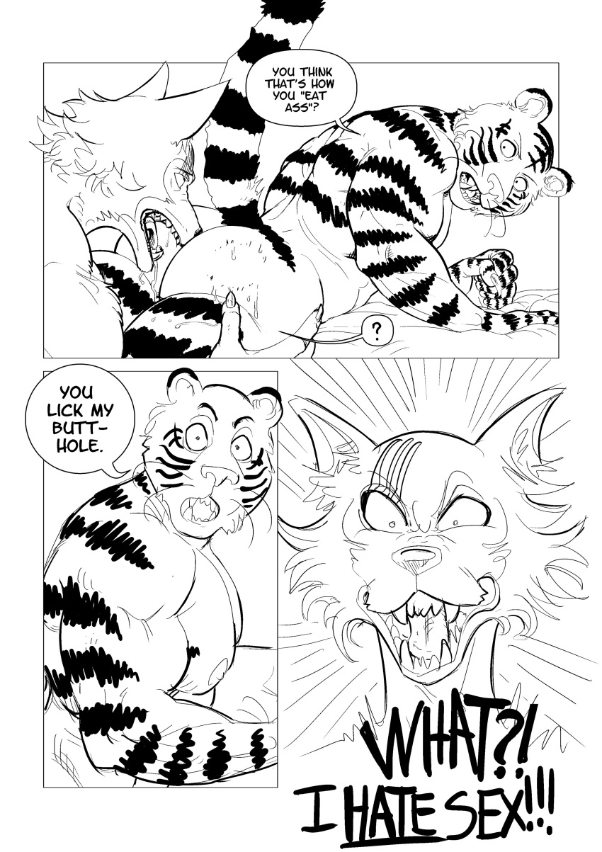 2021 ? absurd_res angry anthro areola arm_support ass beastars biceps bill_(beastars) bite bite_mark black_and_white bodily_fluids canid canine canis claws comic dialogue duo fangs felid fur hi_res humanoid_pointy_ears humor leg_grab legoshi_(beastars) looking_at_another looking_back lying male male/male male_only mammal monochrome muscular nude on_front pantherine pecs raised_tail saliva scar smagma small_ears striped_body striped_fur stripes thigh_grab tiger whiskers wolf