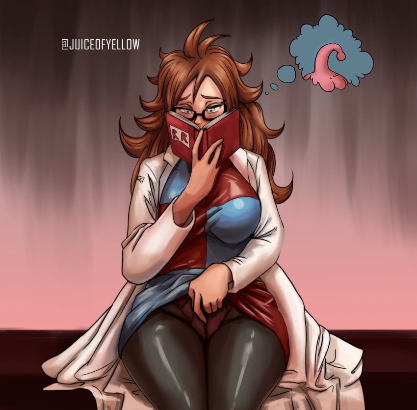 1girls alternate_version_available android_21 android_21_(human) aroused blue_eyes blush book brown_hair clothed dragon_ball dragon_ball_fighterz female female_only glasses heart-shaped_pupils juiceofyellow labcoat large_breasts long_hair majin_buu masturbation reading sitting solo thought_bubble