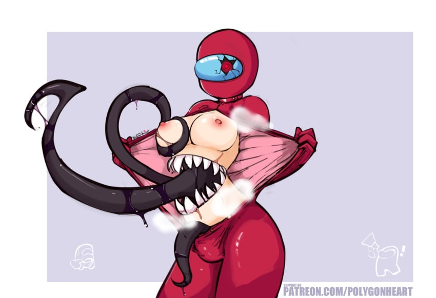 1girls among_us areolae bodysuit breasts breasts_out broken_visor clothed clothing female female_only flashing helmet large_breasts monster monster_girl open_bodysuit open_clothes partially_clothed polygonheart solo standing steam stomach_mouth tentacle thepolygonheart