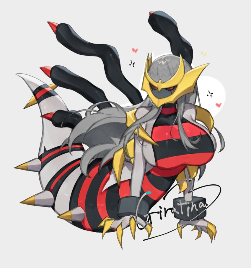 1girls anthro big_breasts black_sclera female female_only generation_4_pokemon giratina giratina_(origin_form) grey_background grey_hair heart hi_res legendary_pokemon long_hair looking_at_viewer nintendo pokemon pokemon_(species) red_eyes simple_background solo toge77789 togetoge