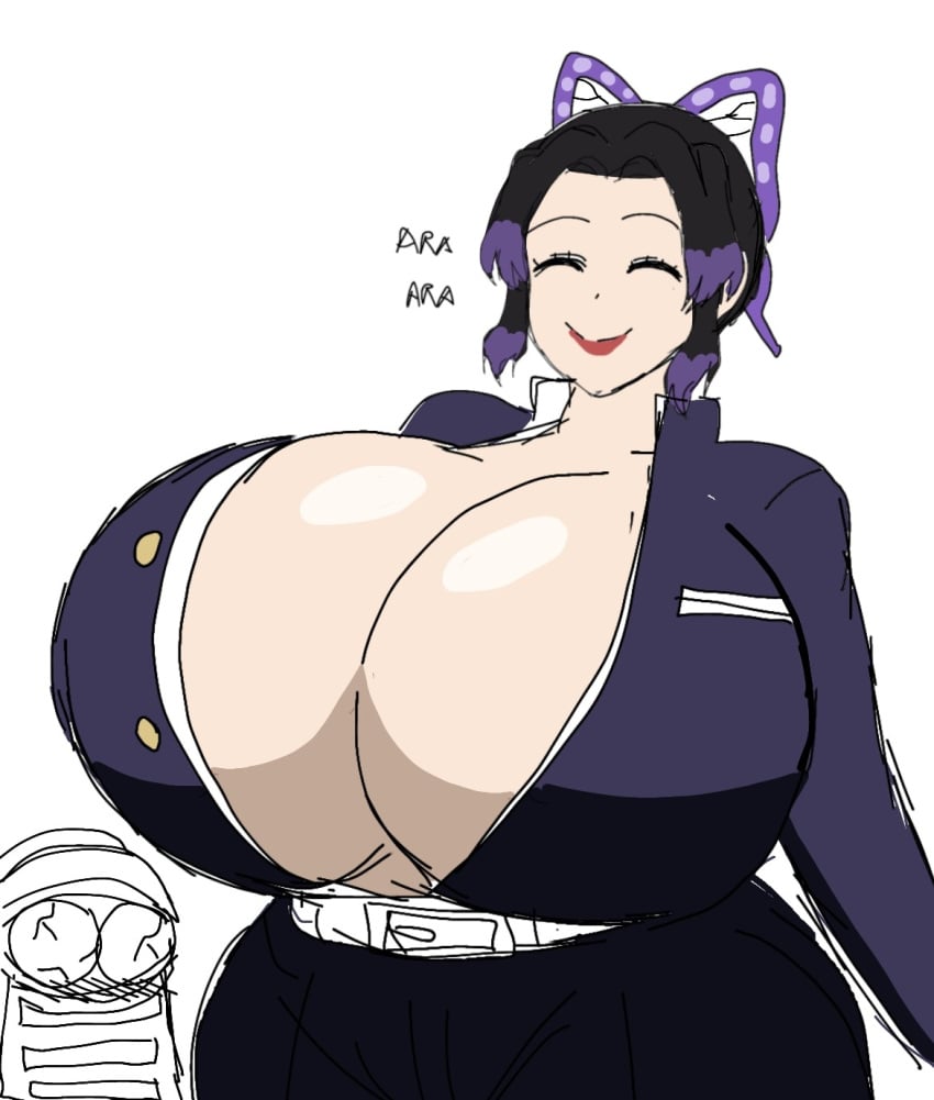 1girls alternate_breast_size angry angry_expression angry_smile black_hair breast_bigger_than_head breast_focus breasts curvy curvy_body curvy_female curvy_figure demon_slayer enormous_breasts facial female hige_breast kimetsu_no_yaiba kochou_shinobu massive_breasts momiji_(artist) purple_hair serious short_hair smile smiling_at_viewer solo two_tone_hair venus_body voluptuous voluptuous_female