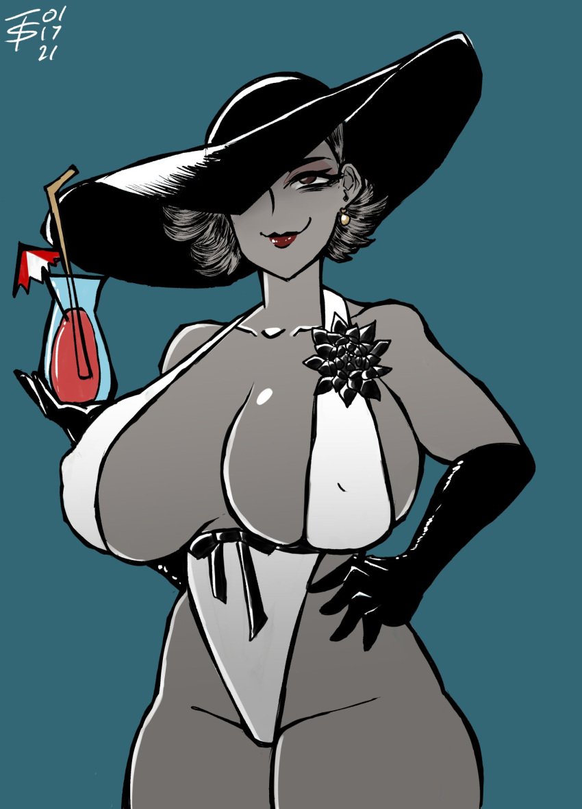 alcina_dimitrescu big_breasts capcom dark_hair elegant female female_only female_solo hat lipstick milf nipple_bulge red_lipstick resident_evil resident_evil_8:_village smile solo solo_female swimsuit thick_thighs tomboy_sama vampire vampire_girl woman women